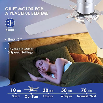 Hounberi 50 Inch Low Profile Ceiling Fans with Lights and Remote, Modern Flush Mount Brushed Nickel Ceiling Fan, 3CCT, Dimmable, Quiet DC Reversible Motor, for Bedroom Living Room Indoor/Outdoor Use