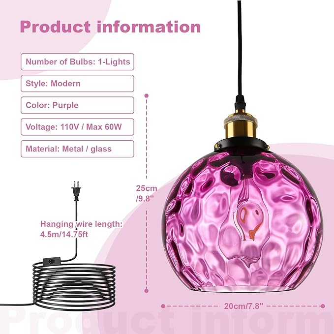 Corner Pendant Light Plug in, Hanging Chandeleir with Plug in Cord, Hand Blown Purple Water Ripple Glass Globe, Bohemian Bedroom Living Room Hanging Lamp Ambient Lighting for Reading Nook