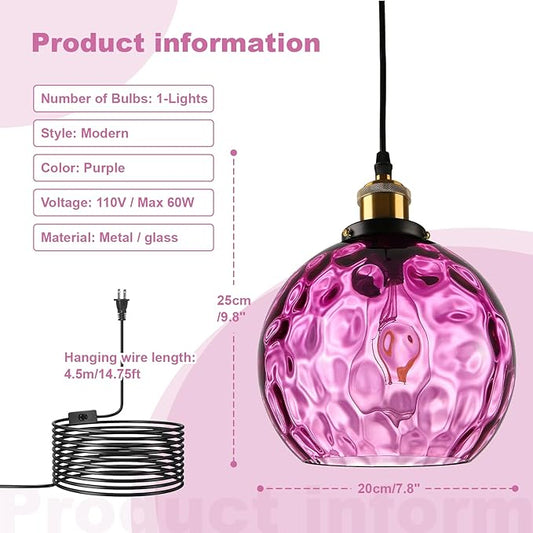 Corner Pendant Light Plug in, Hanging Chandeleir with Plug in Cord, Hand Blown Purple Water Ripple Glass Globe, Bohemian Bedroom Living Room Hanging Lamp Ambient Lighting for Reading Nook