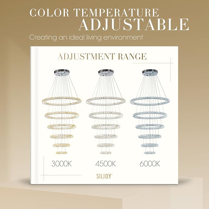 Siljoy Modern Crystal Chandelier Lighting, 6 Ring Chandelier LED Ceiling Lights Fixtures with 3-Color, High Ceiling Foyer Chandeliers for Living Room Dining Room Staircase, D8-12-16-20-24"-28"