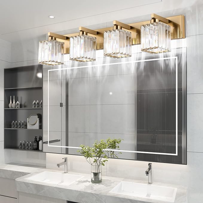 Aipsun Bathroom Lighting Fixtures Modern Crystal Vanity Light Brass 4 Light Bathroom Vanity Light (Exclude Bulb)