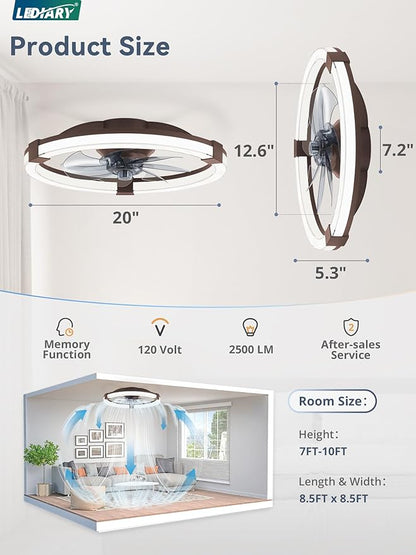 LEDIARY Ceiling Fans with Lights, 19.7 Inch Low Profile Ceiling Fan with Remote, 6 Speeds, Reversible, Dimmable Flush Mount Fan Light, Modern Fandelier Ceiling Fan with Lights for Bedroom, Brown