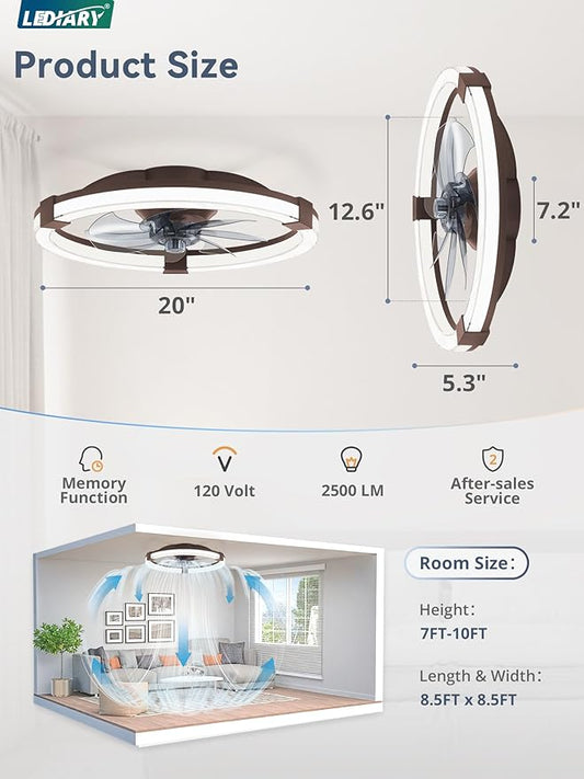 LEDIARY Ceiling Fans with Lights, 19.7 Inch Low Profile Ceiling Fan with Remote, 6 Speeds, Reversible, Dimmable Flush Mount Fan Light, Modern Fandelier Ceiling Fan with Lights for Bedroom, Brown