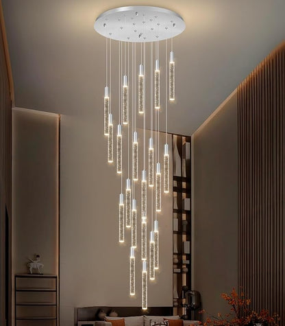 HAIXIANG W24 x H157 Glam Chandelier Bubble Crystal Ceiling Chandeliers Remote Dimmable LED Light High Ceiling Pendants Light Fixtures Adjustable Long Lights 24-Lights Silver Lamp