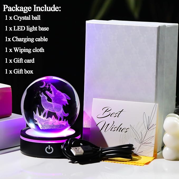 YWHL 3D Crystal Wolf Figurine Ball with Colorful Light Base, Laser Engraved Wolf Gifts for Women Men on Birthday Christmas, Glass Animal Collectible Sphere for Home Party Decor(80mm)