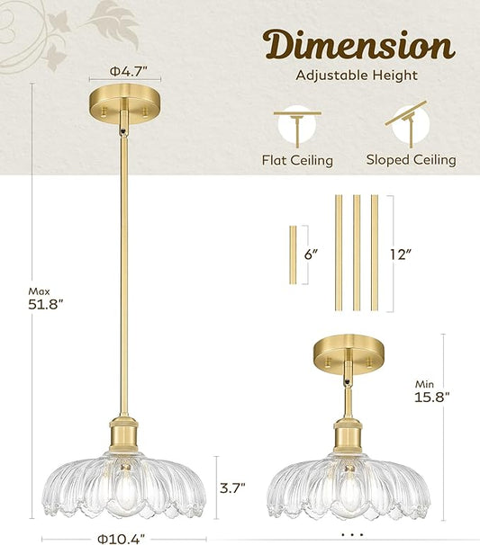 FEMILA 2 Pack Vintage Light Fixtures, Flower Glass Pendant Lights Kitchen Island, Brushed Gold Antique Chandelier, Hanging Light Fixture for Bedroom Hotel Living Room, 4FJX82MIL-2PK BG