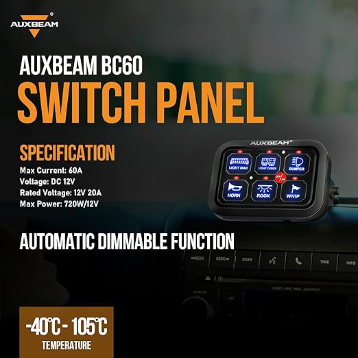 Auxbeam 6 Gang Switch Panel BC60 Universal Circuit Control Relay System Automatic Dimmable LED Switch Pod Touch Control Panel Switch Box for Car Truck Pickup Boat UTV SUV - Blue, 3 Years Warranty