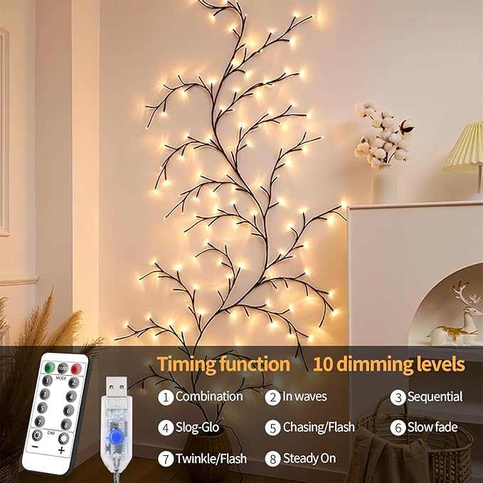 FNHMSL Enchanted Willow Vine Lights 7.55FT 144LED 1 PCS Brown Tree Branch Lights for Wall, Remote Timer,8 Light Model,Bedroom Wall Doors Wedding, Christmas, USB Battery Box