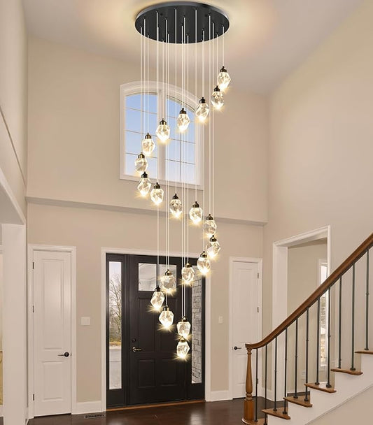 Crystal LED High Ceiling Chandelier: Remote Dimmable Long Pendant Light Fixtures - Spiral Drop Flush Mount Sloped Ceilings Modern Chandeliers For Entryway Living Room Foyer Staircase Stairs 20 Lights