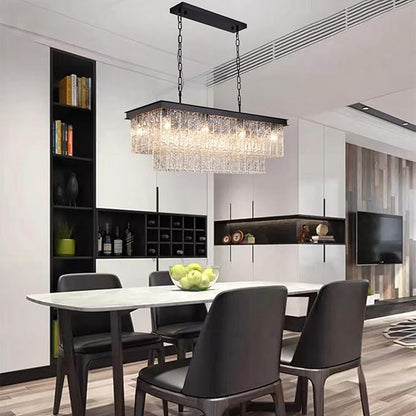 Kitchen Island Chandelier Black Rectangular, 35.4 Inch 11-Light E12 Modern Dining Room Chandelier, Water Ripple Glass Adjustable Height Hanging Ceiling Light Fixture
