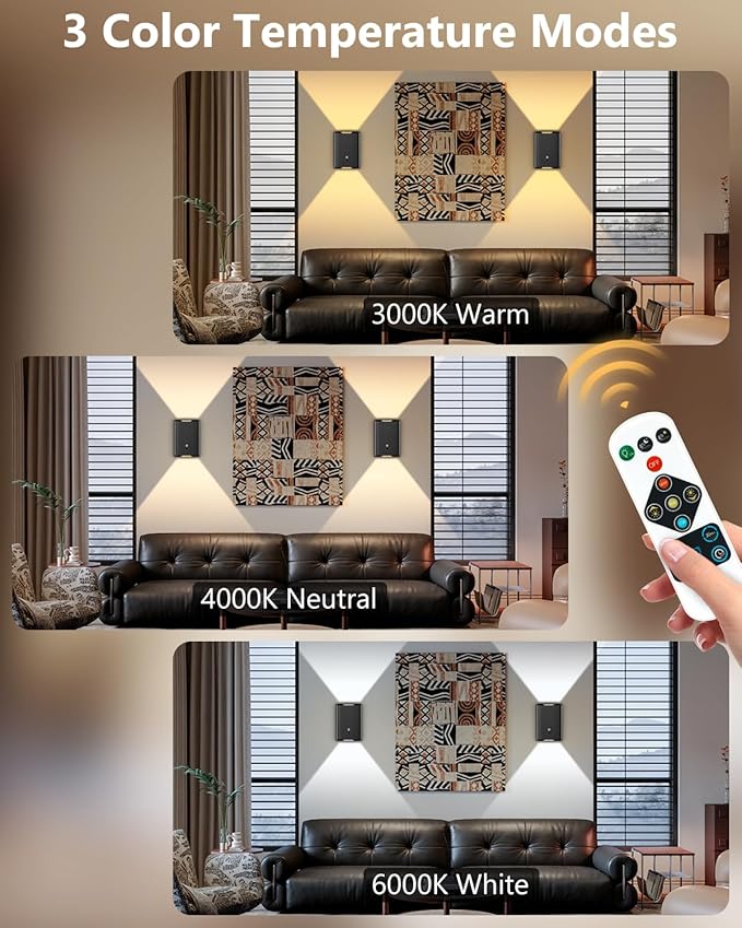 4 Pack Rechargeable Motion Sensor Wall Sconce – 5000mAh Wireless Battery Operated Wall Light Indoor, 3 Colors Up/Down Lighting Magnetic Night Light with Remote Control for Bedroom, Hallway (Black)