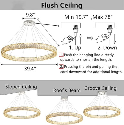 HAIXIANG Modern Crystal Chandelier Dimmable Large Ring LED Pendant Lights Adjustable Glam Chandeliers Lighting Fixtures for Dining Room Living Room Bedroom Silver Light