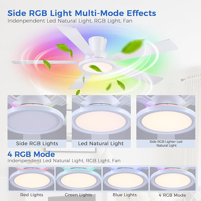 Ayaoty White Ceiling Fan with Light Flush Mount - 52in Low Profile Ceiling Fan with RGB Light and 5 Reversible Fan Blades, LED 3CCT Dimmable, Modern Indoor Fan Light for Bedroom, Party, White