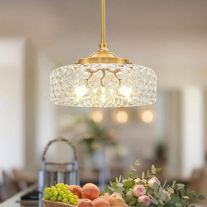 Vintage Pendant Light, Brushed Gold Pendant Lights Kitchen Island with Hammered Glass Shade, Hanging Ceiling Penant Lighting Fixtures with Adjustable Rods for Bathroom, Dining Room, Entryway, E12*3