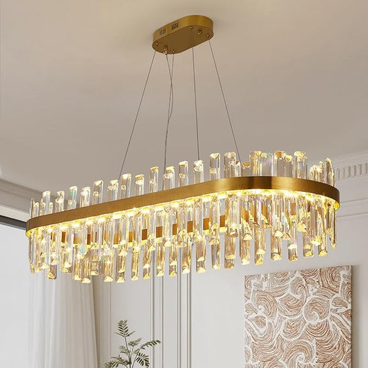 Modern Gold Crystal Led Chandelier: 39.3" Rectangular 3 Color K9 Living Room Dimmable Chandeliers - Luxury Rectangle Linear Crystals Contemporary Oval Light Fixture for Bedroom Entryway with Remote