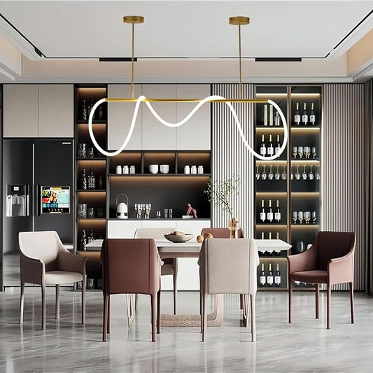 SMG Modern LED Linear Pendant Light for Dining Room, Dimmable Gold Chandelier for Office, 59" DIY Ceiling Chandelier Light with Remote Control Stepless Dimming, Restaurant Kitchen Long Hose Lamp