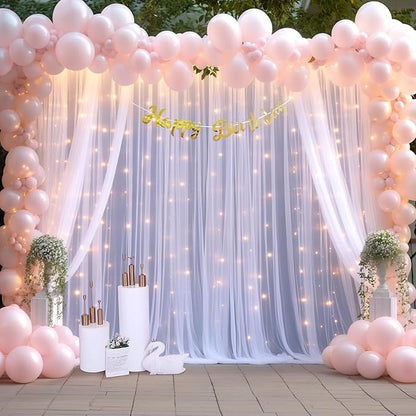 10×15ft White Tulle Backdrop Curtain with Lights String for Parites Sheer Fabric Backdrop Curtains White Curtain Backdrop for Wedding Baby Shower Birthday Party Bridal Shower Photo Shoot Background
