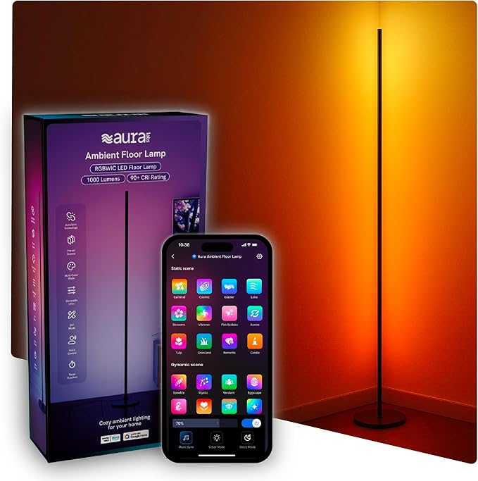 Aura Labs LED Corner Floor Lamp - RGBICW 4 Billion Colors - 90+ CRI & 1000 Lumens - App & Voice Control, Music Sync LED Lights - Standing Floor Lamp - Ambient Lighting - Bedroom, Living Room - 53 Inch