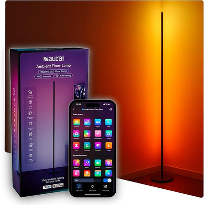 Aura Labs LED Corner Floor Lamp - RGBICW 4 Billion Colors - 90+ CRI & 1000 Lumens - App & Voice Control, Music Sync LED Lights - Standing Floor Lamp - Ambient Lighting - Bedroom, Living Room - 53 Inch