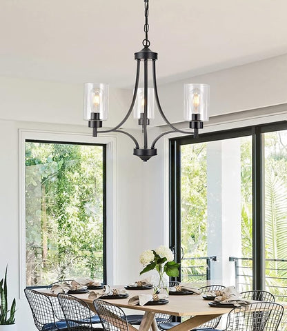 BOZO 3 Lights Black Chandelier for Dining Room Light Fixture Over Table, Entryway Chandelier for Foyer, Hallway Lighting Fixtures with Glass Shade for Kitchen Island