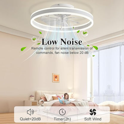 Ceiling Fans with Lights and Remote Fandelier 20''- Low Profile Modern - Flush Mount Ceiling Fans for Bedroom,Stepless Color Temperature and 6 Speeds - White
