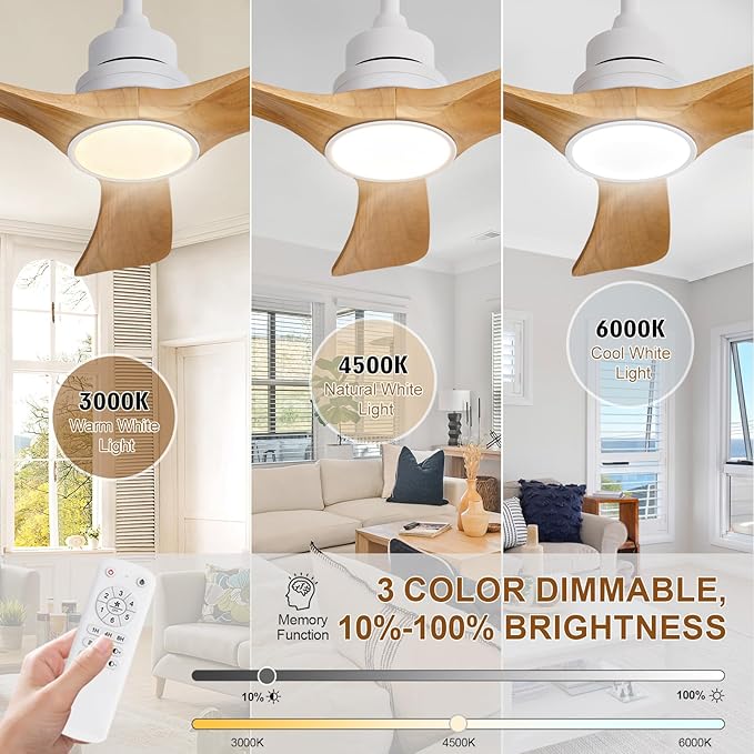 36 inch Ceiling Fan with Light and Remote Control,Wall Switch,Solid Wood Blades,Dimmable,Reversible Quiet DC Motor,Power Off Memory Modern White Ceiling Fan for Bedroom Patio Indoor/Outdoor