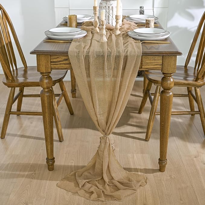 Artoid Mode Boho Cheesecloth Gauze Sand Wedding Table Runner, 120 Inch Seasonal Fabric Kitchen Dining Holiday Table Decor for Home Party Indoor