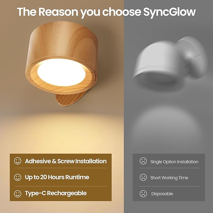 Wall Mounted Lamp LED Wall Lights with Rechargeable Battery Operated, 3 Color Temperatures & 3 Brightness Levels 360°Rotate Magnetic Ball, Cordless Sconces for Reading Bedroom Bedside,Wood-2 Pack