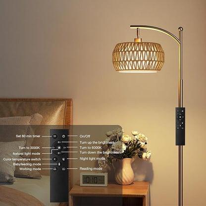 Ambimall Arc Floor Lamp for Living Room with Remote, Color Temperature & Brightness Adjustable, Bohemia Standing Lamp with Rattan & Fabric Double Drum Shades, Bulb Included(Brown)