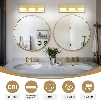 Modern LED Small Bathroom Lights Fixtures 3-Light,Metal Gold Acrylic Wall Lighting,Vanity Lights for Bathroom Over Mirror 6000k 16in