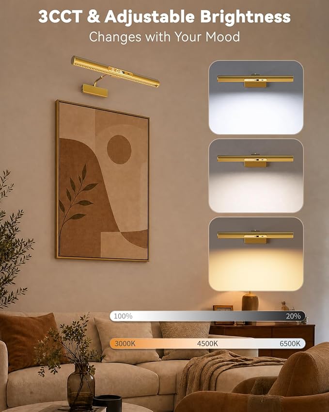 Skairipa Picture Light for Wall, 6000mAh Rechargeable Wireless Wall Lights, 13'' Dimmable Remote Magnetic LED Art Painting Light with 3 Color Temps, Display for Gallery, Living Room (Gold, 2Pack)
