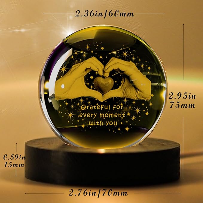 3D Heart Hand Crystal Ball Grateful Gifts for Women Mom Wife, Engraved Heart Hands 2.36" Glass Sphere Night Light for Mothers Day Gift Boyfriend Girlfriend Anniversary