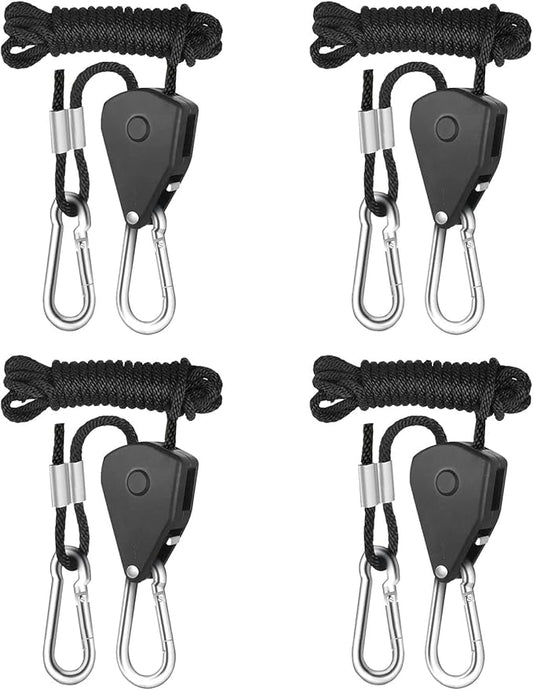 iPower 1/8 Inch Adjustable Grow Light Hangers, 8 Feet Long Heavy Duty Rope Reinforced Metal Gears 150lbs Weight Capacity for Plant Tent, Black, 2 Pairs