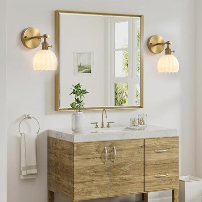 1-Light Gold Brass Bathroom Light Fixture,Wall Sconces Set of 2,Brushed Gold Vanlity Light Over Mirror,Bathroom Vanity Light with White Glass Flower Shade,E26 Socket(Bulbs Not Included)