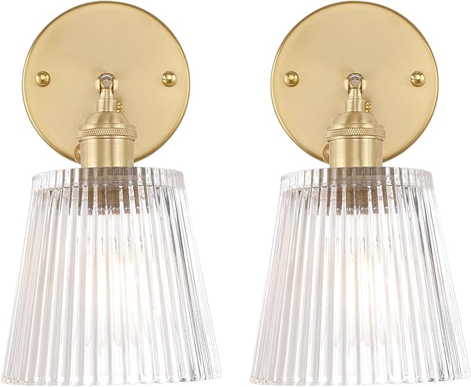 Shenmoyl Vintage Wall Sconces Set of 2 with Transparent Stripe Glass Lampshade 180 Degree Adjustable Brass Sconces Hradwired Modern Wall Lighting Fixture with Switch for Bedside Bedroom Doorway