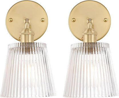 Shenmoyl Vintage Wall Sconces Set of 2 with Transparent Stripe Glass Lampshade 180 Degree Adjustable Brass Sconces Hradwired Modern Wall Lighting Fixture with Switch for Bedside Bedroom Doorway