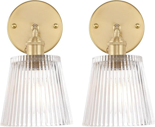 Shenmoyl Vintage Wall Sconces Set of 2 with Transparent Stripe Glass Lampshade 180 Degree Adjustable Brass Sconces Hradwired Modern Wall Lighting Fixture with Switch for Bedside Bedroom Doorway