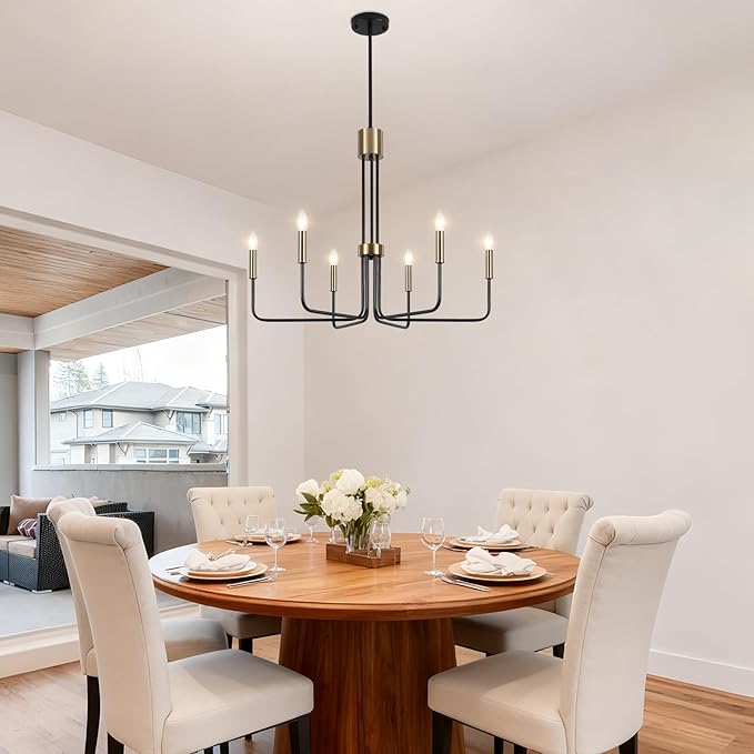 6-Light Modern Farmhouse Chandelier, Black and Gold Chandelier for Dining Room Light Fixtures Ceiling Hanging, Kitchen Chandelier for Bedroom Living Room Entryway