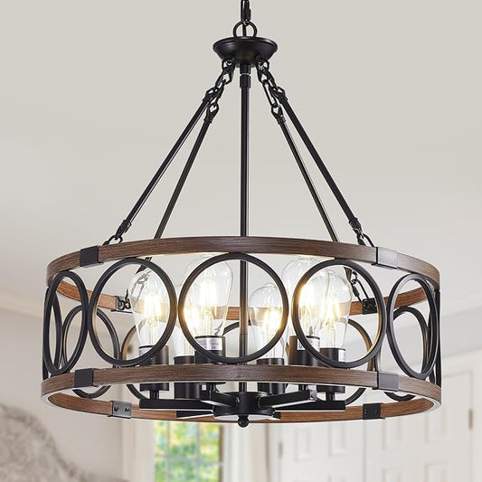 21'' Farmhouse Chandelier, 6-Light Walnut Wood Grain Dining Room Light Fixture Over Table, Rustic Industrial Drum Hanging Pendant Lights Fixture for Kitchen Island Bedroom Hallway Foyer Entryway