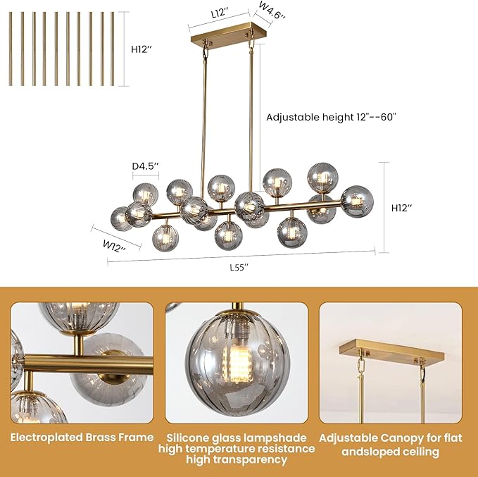 Globe Gold Chandelier Smoke Grey Linear Rectangle Modern Chandeliers Glass Pendant Light Fixture Adjustable for Dining Living Room Kitchen Island 55"