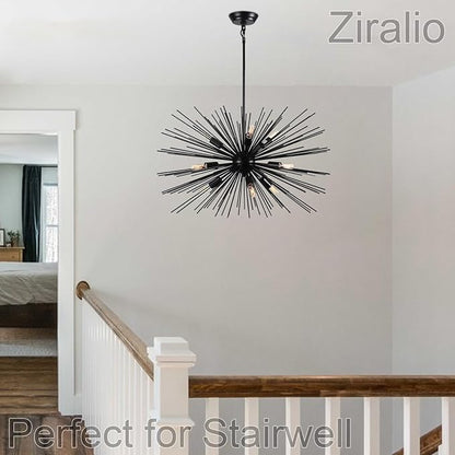29" Vintage Black Sputnik Chandelier 9-Lights Large Starburst Chandelier with Adjust Rod Rustic Solid Metal Sputnik Satellite Chandeliers for Dining Room, Kitchen, Living Room, Foyer, E12