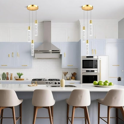 Pendant Lights Kitchen Island, Modern Kitchen Island Lights, Ceiling Lighting Fixtures with Crystal Bubble, Integrated LED Hanging Light Goid 1 Pack(3-Light)
