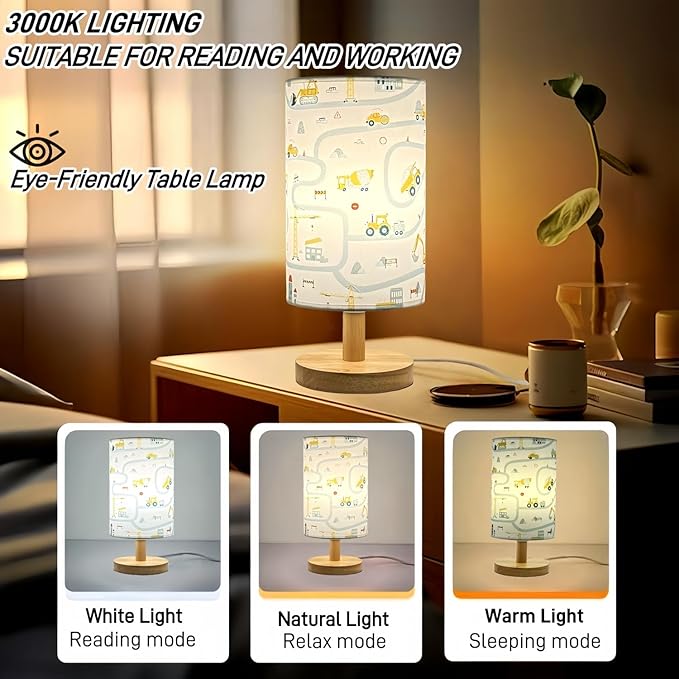 Kids Desk Lamp for Bedroom Boy,Reading Car Lamp,3-Way Dimmable with Cartoon Pattern Printed Shade and Wood Base,for Kids Room,Nursery or Living Room Decor,Car Gift for Christmas Boys