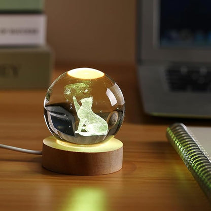 3D Cat Figurine in Crystal Ball Nightlight with Colorful LED Base, Cute Cat Lover Gifts for Woman, Crystal Glass Kitten Collectibles Kitty Handmade Emotional Support