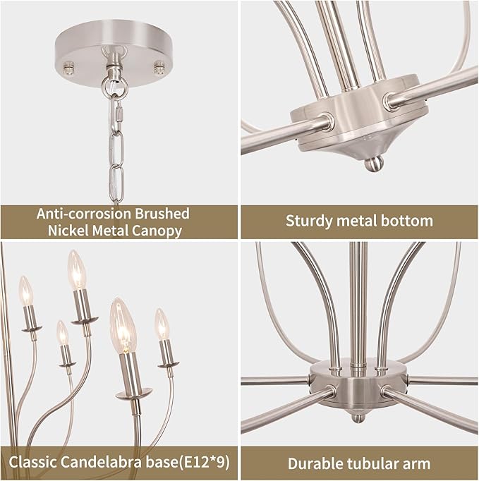 9-Light Farmhouse Chandelier for Dining Room, 2-Tier Brushed Nickel Chandelier, Industrial Modern Chandeliers for Dining Room, Living Room, Bedroom, Entryway, Kitchen