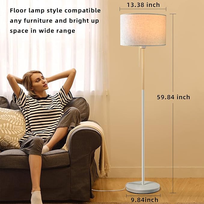 LALISU Bedroom Floor Lamp Farmhouse Floor Lamps for Living Room Mid-Century Pole Lamp Linen Lamp Shade, Standing Tall Lamps for Bedrooms and Office (White)