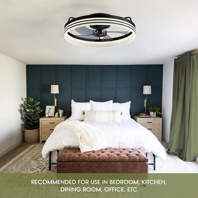 LUDOMIDE Ceiling Fan with Light, Flush Mounted Ceiling Fan with Lights, 6 Wind Speeds Smart Low Profile Fan for Bedroom, Kids Room and Living Room 20" (Black)