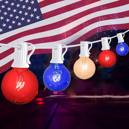 4th of July Decorations String Lights, 25Ft Outdoor Patio String Lights with 27 G40 Red White and Blue Light Bulbs(2 Spare), Independence Day Lights for Patriotic Party Garden Festival Decor- White