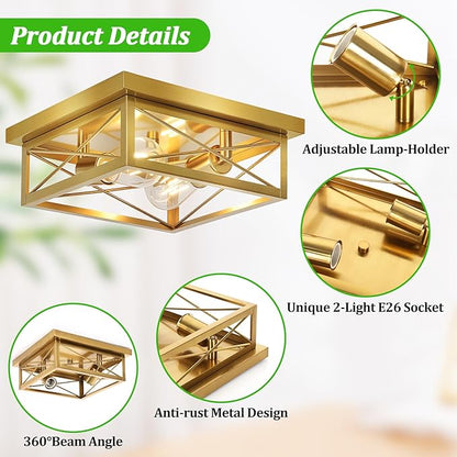Kondras Gold Hallway Light Fixtures Ceiling, 2-Light Farmhouse Vintage Flush Mount Ceiling Lights, 2-Pack Brass Metal Kitchen Light Fixtures, Close to Ceiling Lights for Bedroom Living Room Entryway