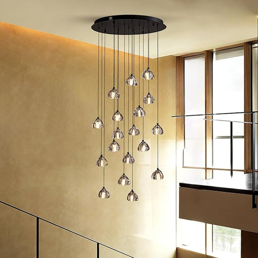 SNZ Modern Crystal Chandelier for Staircases, 18-Light High Ceiling Chandelier, 118" Long Adjustable Ceiling Light for Entrance, Large Chandeliers for High Ceilings, Hallway Entryway
